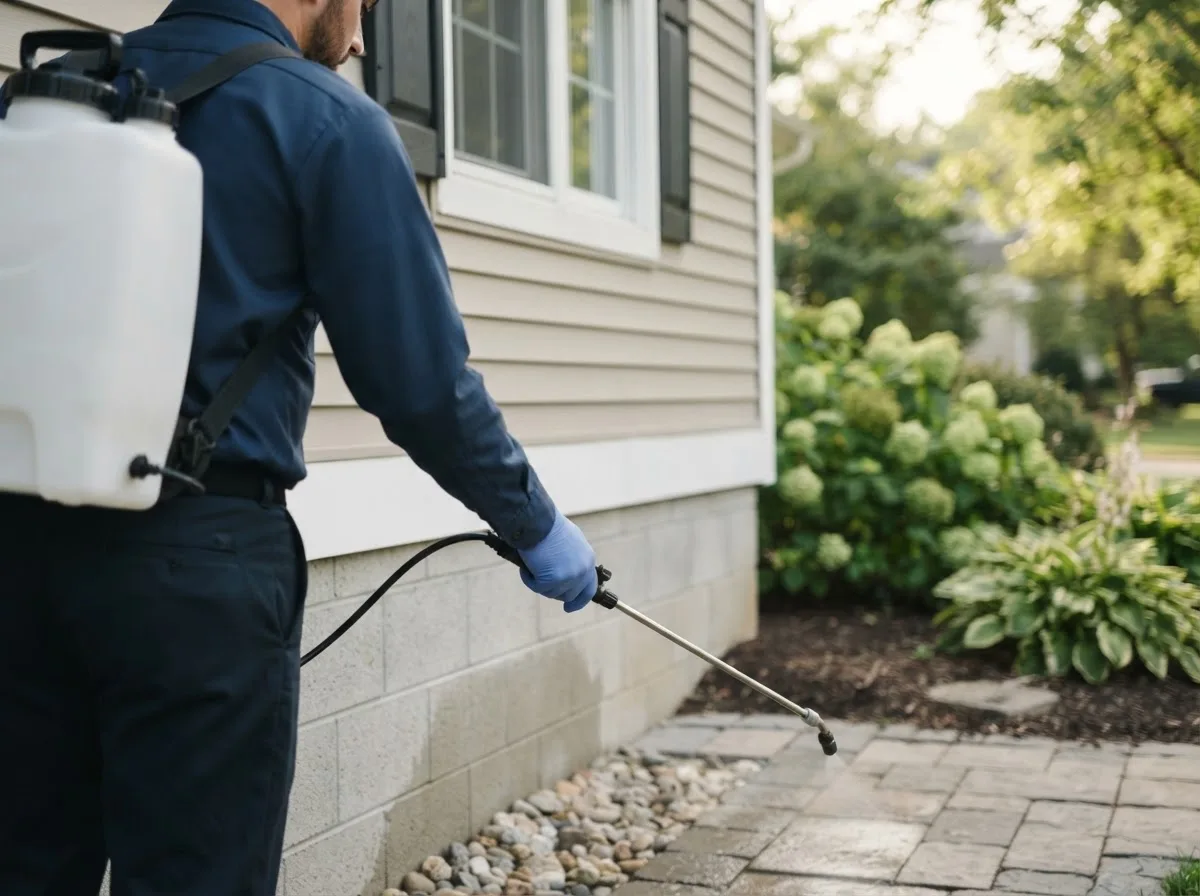 Pest control technician inspecting a home in Peralta, NM